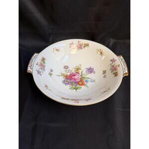 Harmony House Dresdenia Floral Serving Bowl 8.5” Japan Handles Gold Trim
